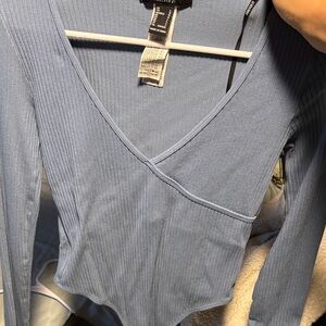 Forever 21 Blue Ribbed V-Neck Bodysuit